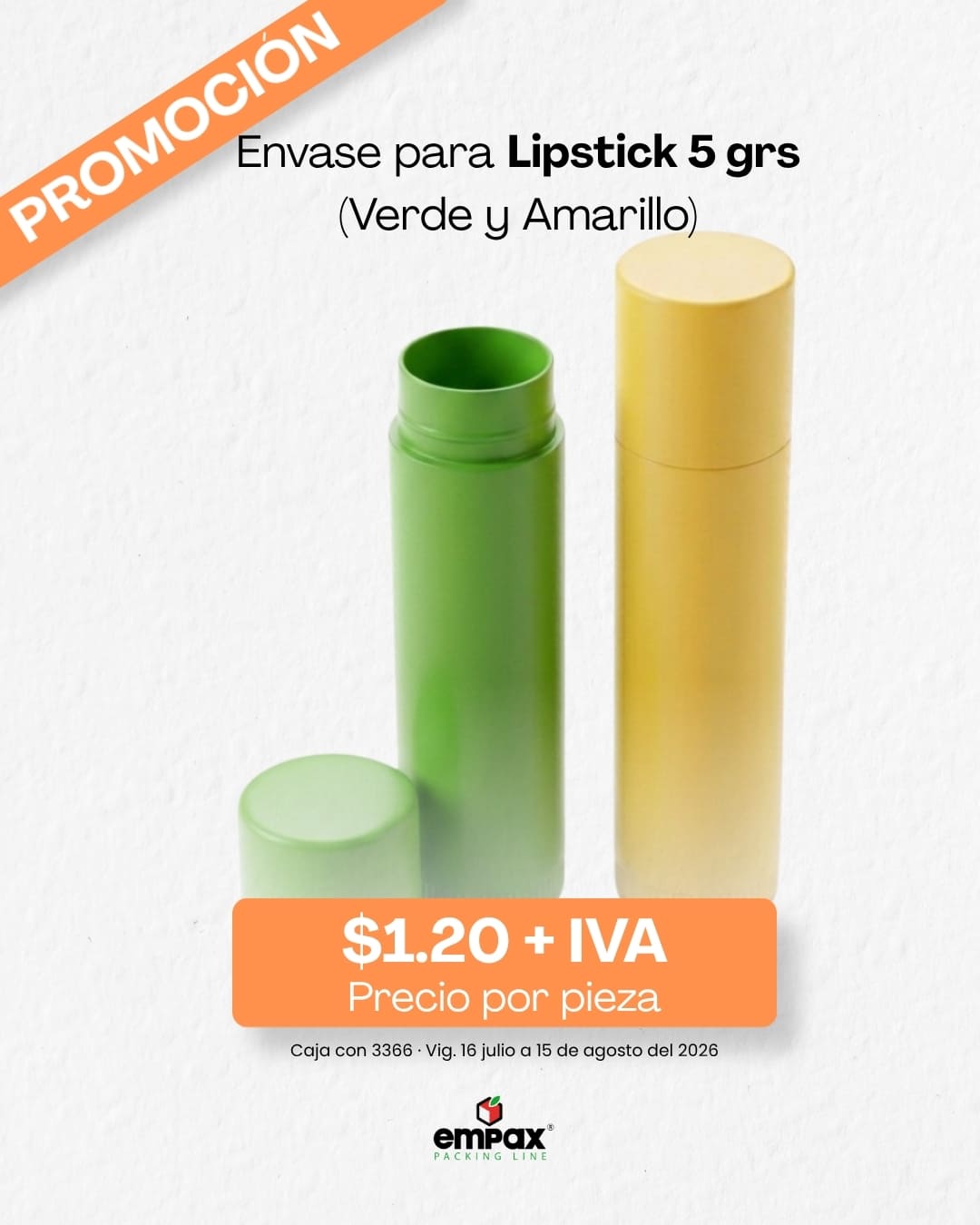 Promoción de envase para lipstick de 5 gramos verde y amarillo Empax julio 2026