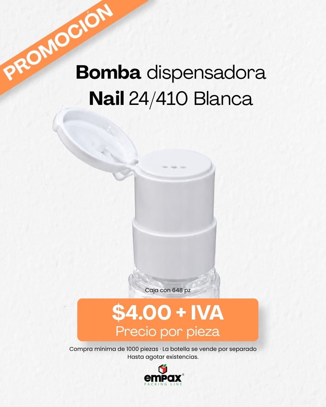 Promoción de bomba dispensadora Nail blanca rosca 24 410 Empax julio 2026
