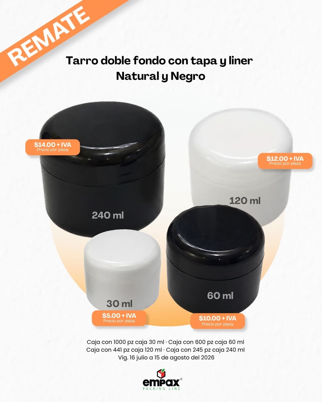 Promoción de tarro doble fondo con tapa y liner natural y negro Empax julio 2026