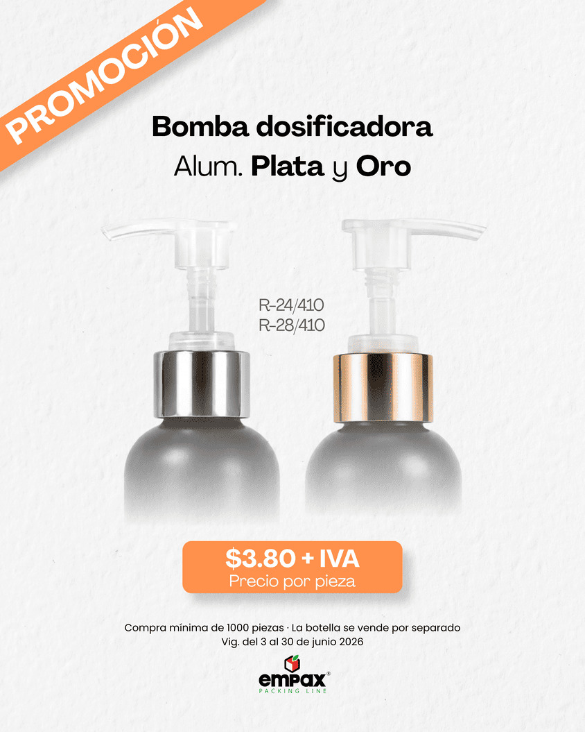 Promoción de bomba dosificadora aluminio plata y oro Empax junio 2026