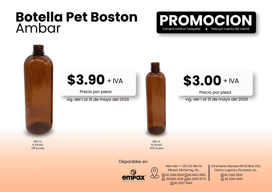 Promoción de Botella PET Boston Ámbar Empax mayo 2026