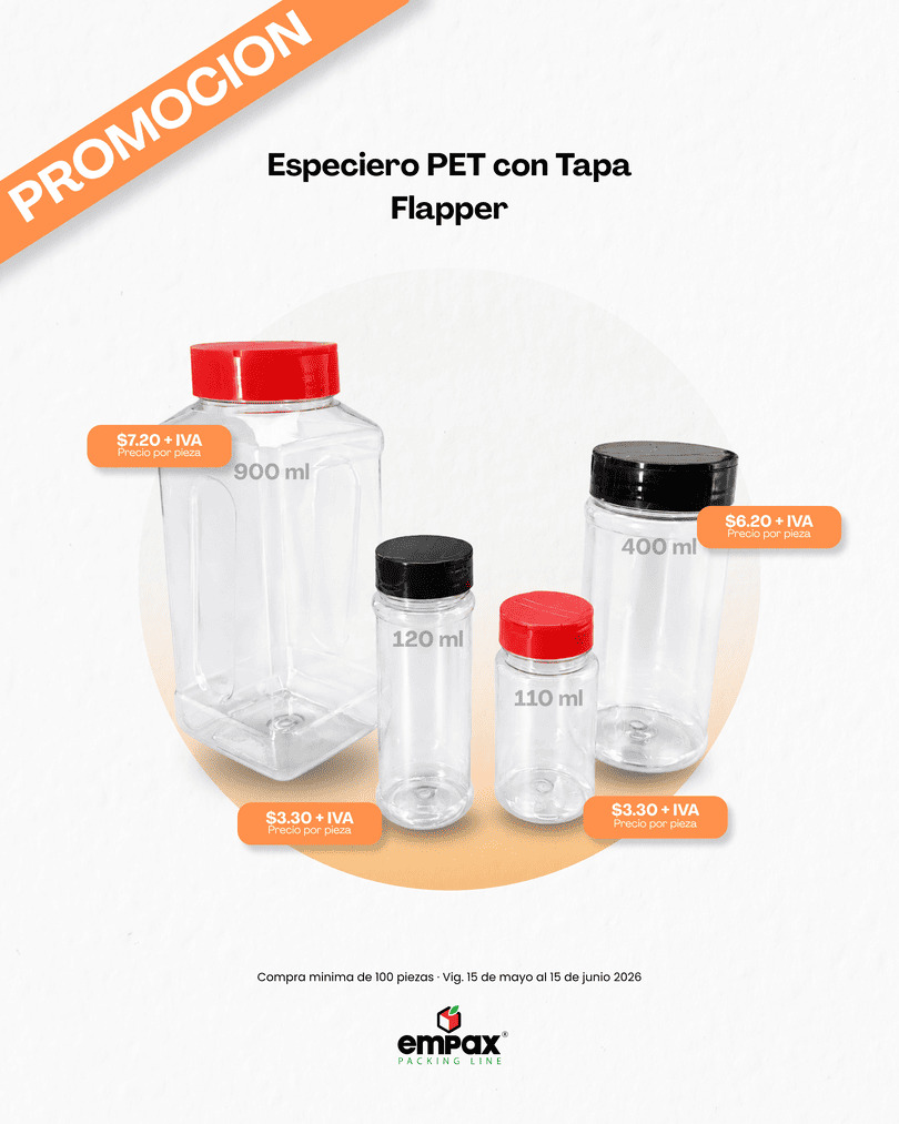 Promoción de Especiero PET con Tapa Flapper Empax mayo 2026